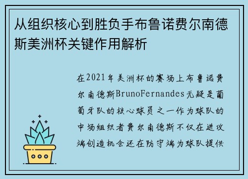 从组织核心到胜负手布鲁诺费尔南德斯美洲杯关键作用解析