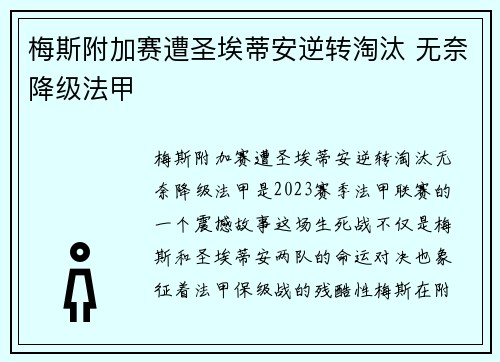 梅斯附加赛遭圣埃蒂安逆转淘汰 无奈降级法甲